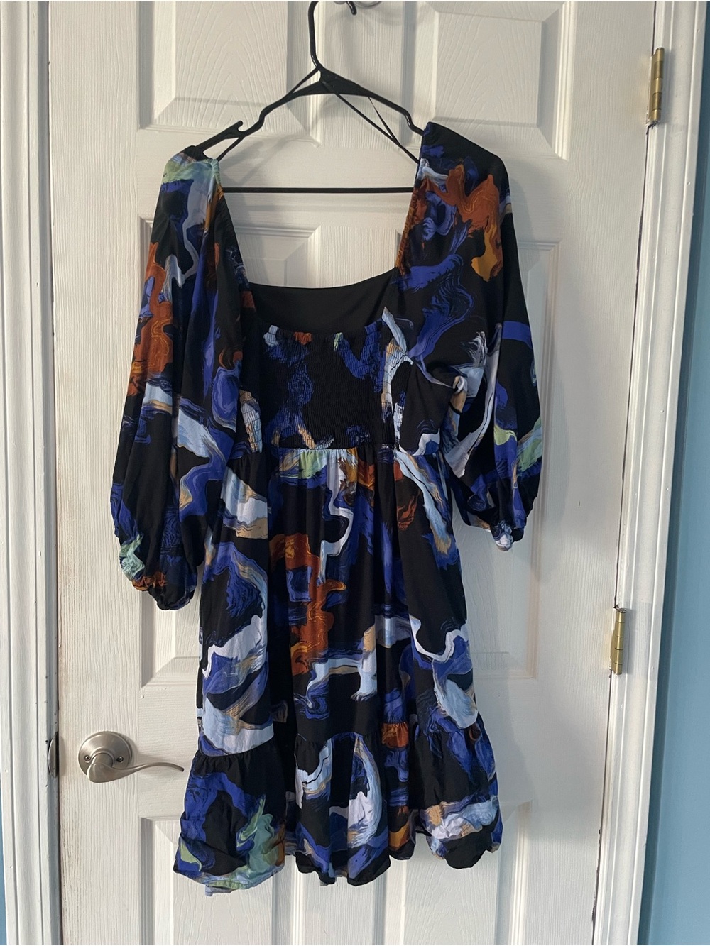 Nine West Black Abstract Multicolor Puff-Sleeve Mini Dress